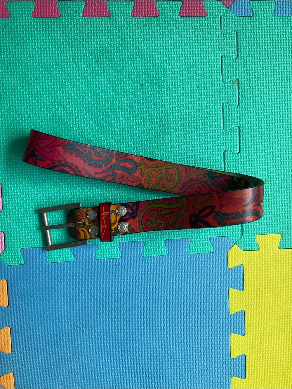 🎨Jon Wye Hand Drawn Paisley Leather Belt Made in USA Multicolor Geometric